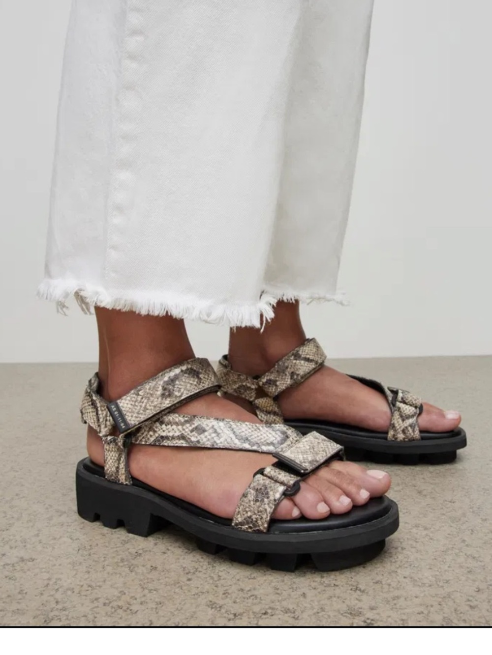 AllSaints Snake-Print Beige and Black Strappy Sandals
